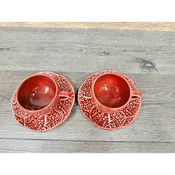 1950s Secla Majolica Portugal Secla Deep Red Cabbage Leaf Cup & Saucer Set Of 2 - Picture 3 of 11